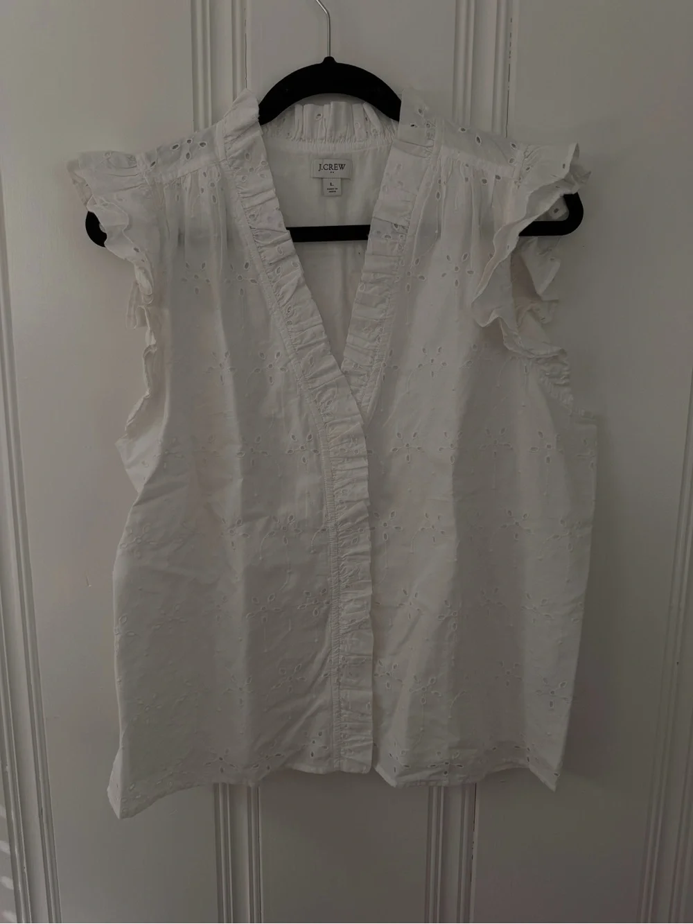 J. Crew White Eyelet Ruffled V-Neck Sleeveless Top